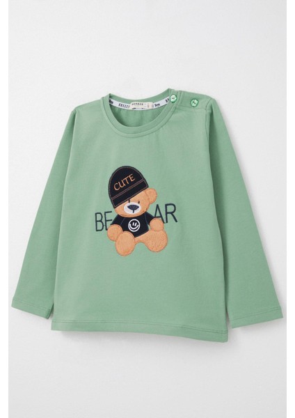 Erkek Bebek Uzun Kollu Tişört Havalı Ayıcık Nakışlı 9 Ay-3 Yaş, Mint Yeşili modelleri