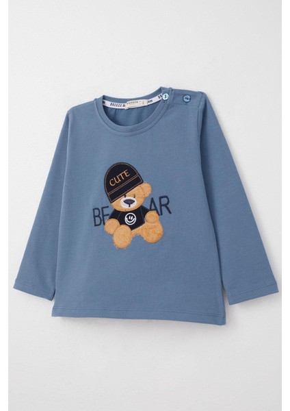 Erkek Bebek Uzun Kollu Tişört Havalı Ayıcık Nakışlı 9 Ay-3 Yaş, Indigo modelleri