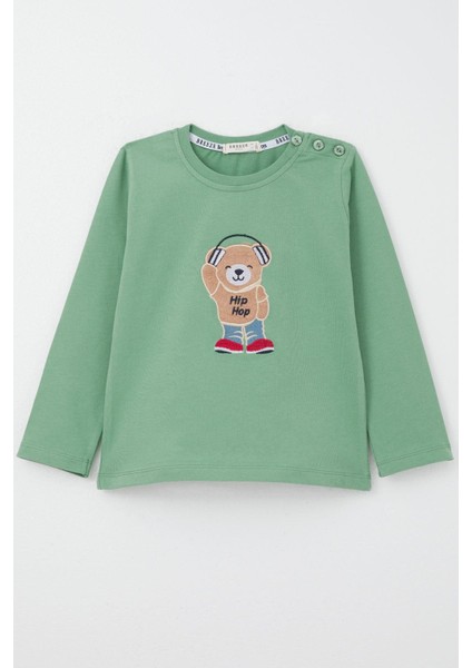 Erkek Bebek Uzun Kollu Tişört Hip Hop Ayıcık Nakışlı 9 Ay-3 Yaş, Mint Yeşili