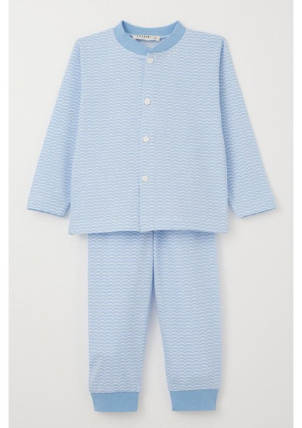 Erkek Bebek Pijama Takımı Desenli Düğmeli 4 Ay-1 Yaş, Açık Mavi