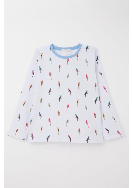 Erkek Çocuk Pijama Takımı Renkli Papağan Desenli 9-12 Yaş, Buz Mavisi
