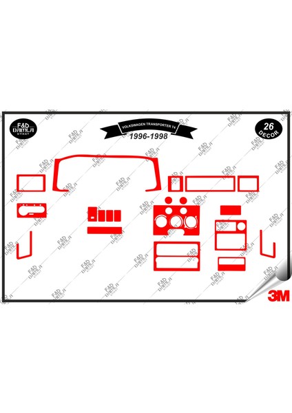 Volkswagen Transporter T4 1996 1998 Torpido Konsol Trim Göğüs Maun Kaplama Set 26 Parça Kırmızı Renk