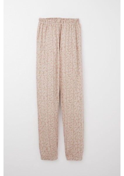 Kız Çocuk Pijama Takımı Bambu Çiçeği Desenli 9-12 Yaş, Bej