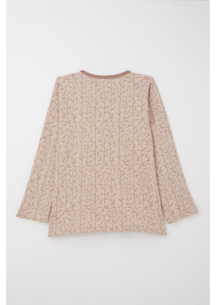 Kız Çocuk Pijama Takımı Bambu Çiçeği Desenli 9-12 Yaş, Bej