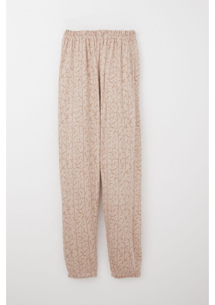 Kız Çocuk Pijama Takımı Bambu Çiçeği Desenli 9-12 Yaş, Bej