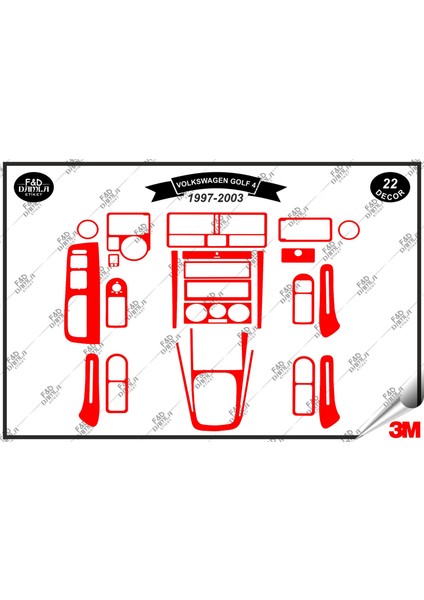 Volkswagen Golf 4 1997-2003 Torpido Konsol Trim Göğüs Maun Kaplama Set 22 Parça Kırmızı Renk