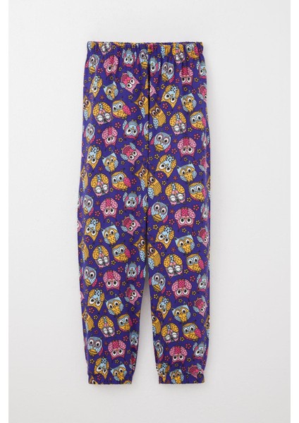 Kız Çocuk Pijama Takımı Renkli Sevimli Baykuş Desenli 4-8 Yaş, Mor