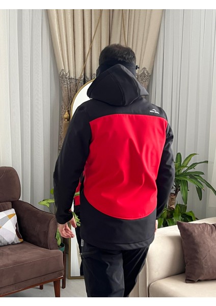 Erkek Siyah Kırmızı Softshell Outdoor Su İtici Rüzgar Geçirmez Mont