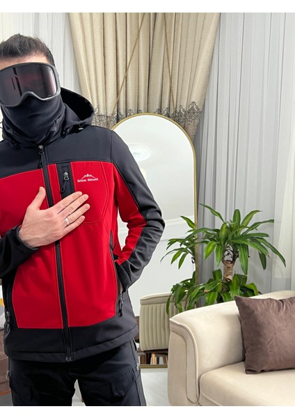 Erkek Siyah Kırmızı Softshell Outdoor Su İtici Rüzgar Geçirmez Mont