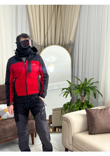 Erkek Siyah Kırmızı Softshell Outdoor Su İtici Rüzgar Geçirmez Mont
