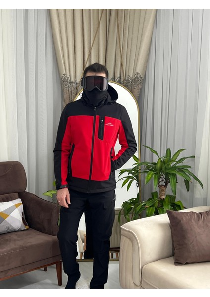 Erkek Siyah Kırmızı Softshell Outdoor Su İtici Rüzgar Geçirmez Mont