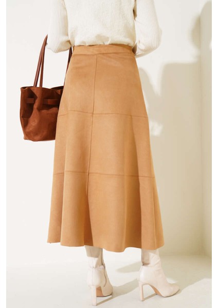 Fermuarlı Kadın Süet Etek Parça Detaylı