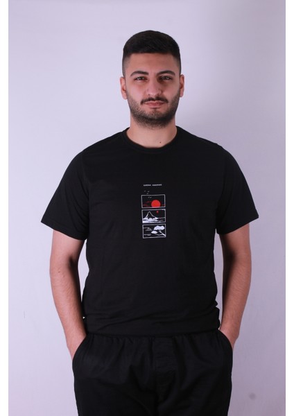 3 Lü Dağ Baskı Siyah Erkek T-Shirt