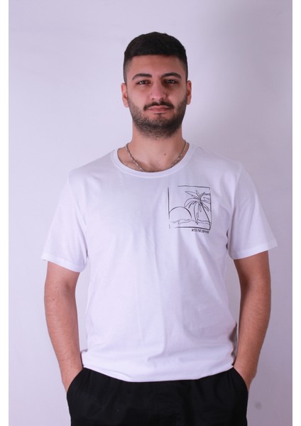 Çizgi Palmiye Baskılı Beyaz Erkek T-Shirt Tr-03