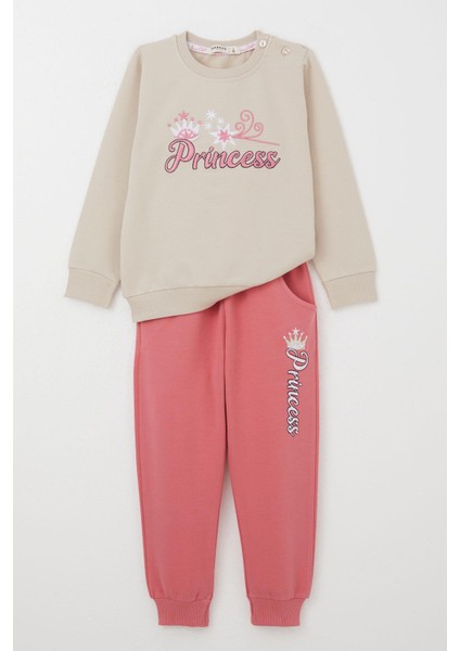 Kız Bebek Eşofman Takım Prenses Yazı Nakışlı 9 Ay-3 Yaş, Bej