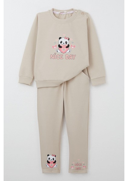 Kız Bebek Eşofman Takımı Mutlu Pandacık Desenli 9 Ay-3 Yaş Bej Renkli