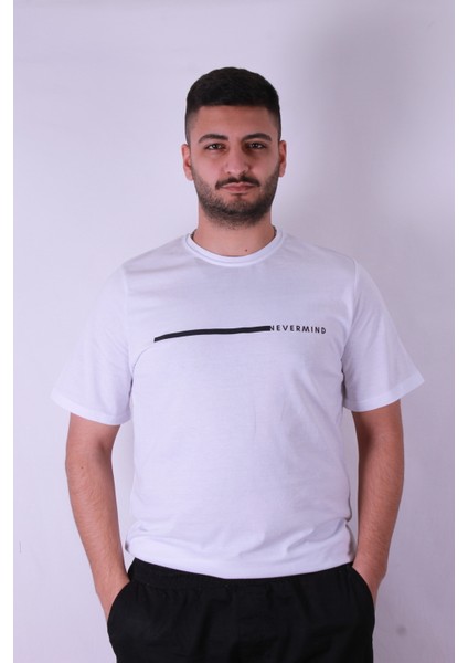 Never Mind Baskı Beyaz Erkek T-Shirt