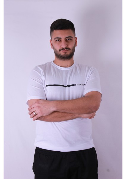 Never Mind Baskı Beyaz Erkek T-Shirt modelleri