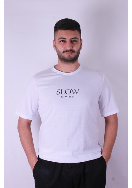 Slow Living Baskı Beyaz Erkek T-Shirt