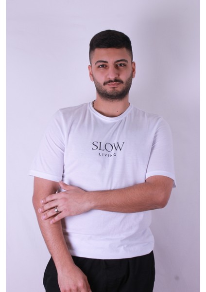 Slow Living Baskı Beyaz Erkek T-Shirt modelleri