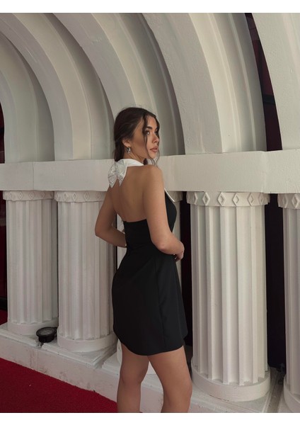 Beril Sivri Yaka Sırt Dekolteli Mini Elbise