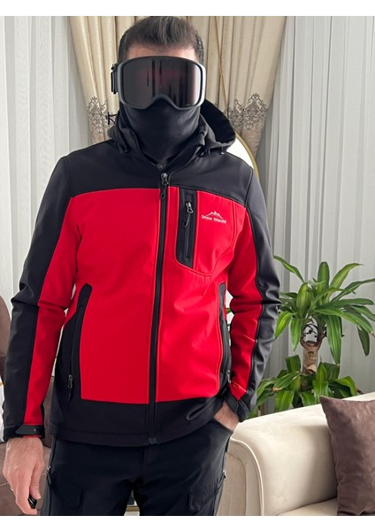 Erkek Siyah Kırmızı Softshell Outdoor Su İtici Rüzgar Geçirmez Mont