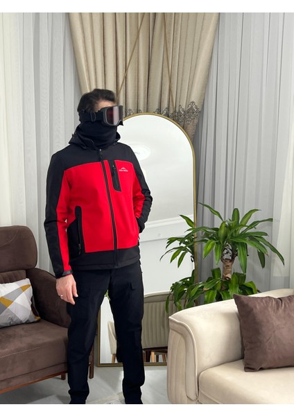 Erkek Siyah Kırmızı Softshell Outdoor Su İtici Rüzgar Geçirmez Mont