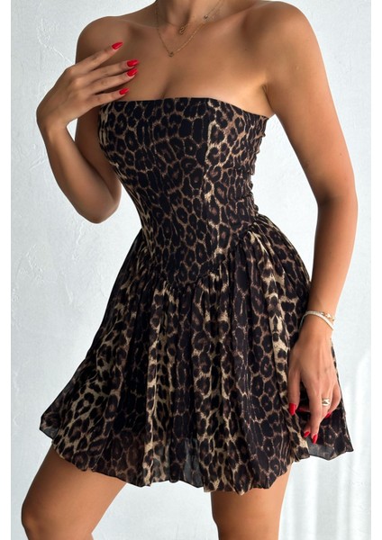 Leopar Desenli Straplez Balon Elbise