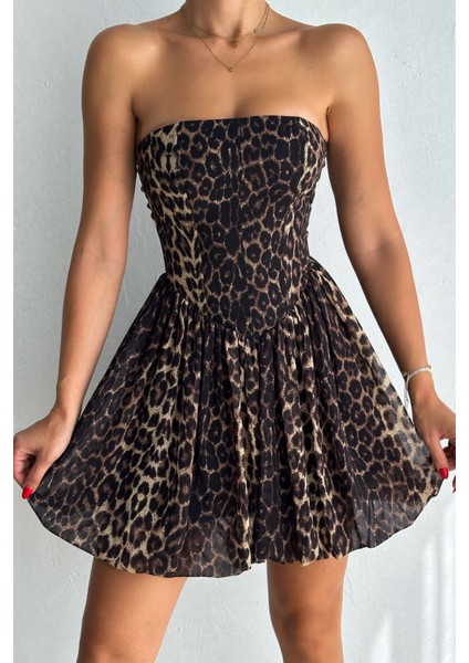 Leopar Desenli Straplez Balon Elbise