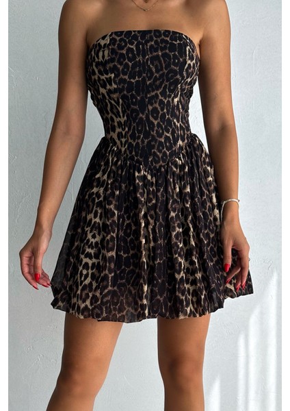 Leopar Desenli Straplez Balon Elbise