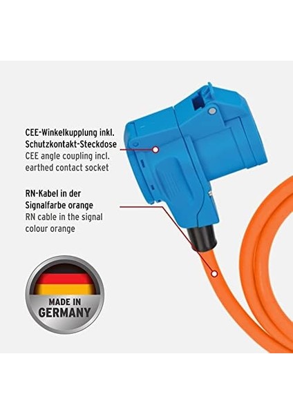 Cee Fişli ve Açılı Bağlantılı Kamp Cee Uzatma Kablosu, Topraklı Kombi Priz Dahil (25 M Kablo, Turuncu, 230 V/16 A, Dış Mekanda Kullanım, Almanya'da Üretilmiştir)
