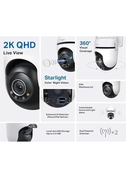 Tapo C520WS, 2k Qhd Dış Mekan Wi-Fi/ethernet Güvenlik Kamerası, Hareket Tespit/takibi , 360°, IP66 Su Geçirmez, Renkli Gece Görüşü, Çift Yönlü Ses, Bulut/yerel Depolama, Sesli ve Işıklı Alarm