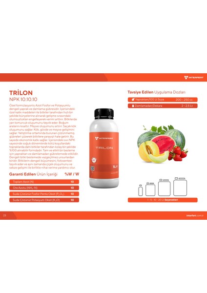 Trilon NPK 10.10.10 (1Litre) Dengeli Yaprak Gübresi ve Damlama Gübresidir.