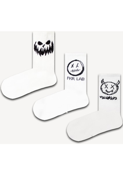 3'lü Boynuzlu Şeytan Beyaz Atletik Çorap Set