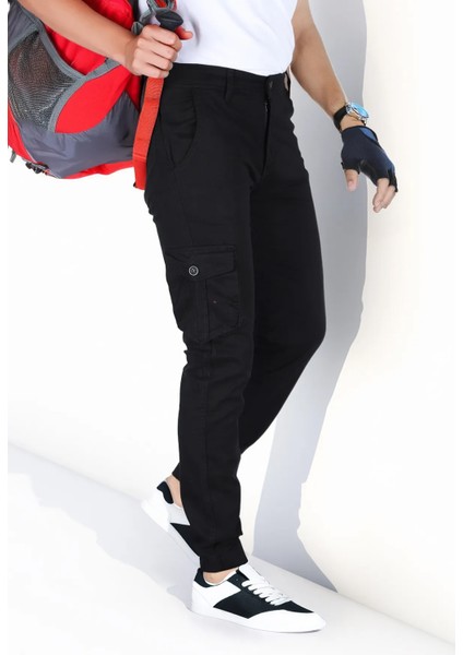 Kışlık Gabardin Paçası Lastikli Siyah Erkek Kargo Pantolon