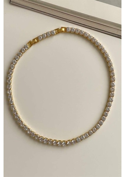 Özel Kaplama Gold Renk İri Taşlı Su Yolu Kolye (45 cm)