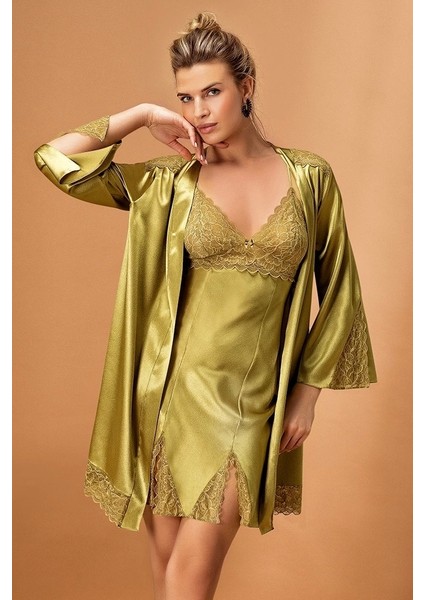 5325 Bayan Saten Gecelik Sabahlık Set