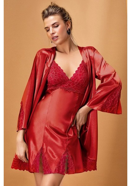 5325 Bayan Saten Gecelik Sabahlık Set