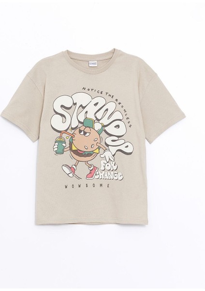 Kids Bej Oversize Bisiklet Yaka Erkek Çocuk Tişört