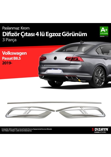 VW Passat B8.5 Krom Egzoz Görünümü Difüzör 4'lü R Line 3 Parça 2019-2023