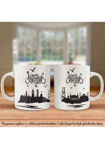 Asil Hediyelik Çift Yön Renkli Baskılı Istanbul Yazılı - Istanbul Silüeti Kupa Bardak