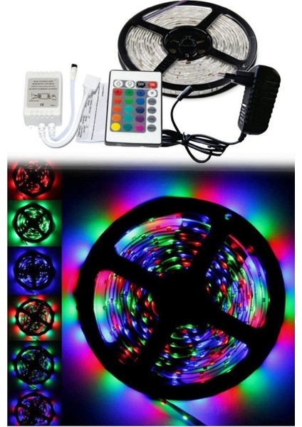 Şerit LED Rgb 5 Metre 16 Renk Kumandalı Adaptörlü 3 Çipli LED Hazır Set Tak Çalıştır Slikonlu