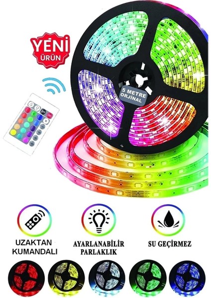 Şerit LED Rgb 5 Metre 16 Renk Kumandalı Adaptörlü 3 Çipli LED Hazır Set Tak Çalıştır Slikonlu