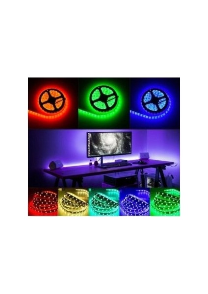 Şerit LED Rgb 5 Metre 16 Renk Kumandalı Adaptörlü 3 Çipli LED Hazır Set Tak Çalıştır Slikonlu