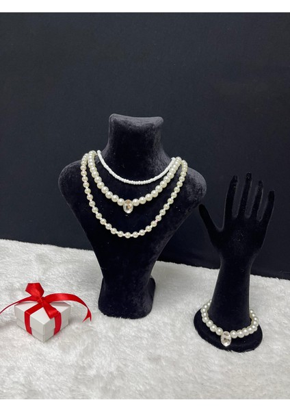 Özel Tasarım Zirkon Taşlı İnci-Porselen Boncuk Şık Davet Luxury 4 Lü Kadın Kolye Set Takım