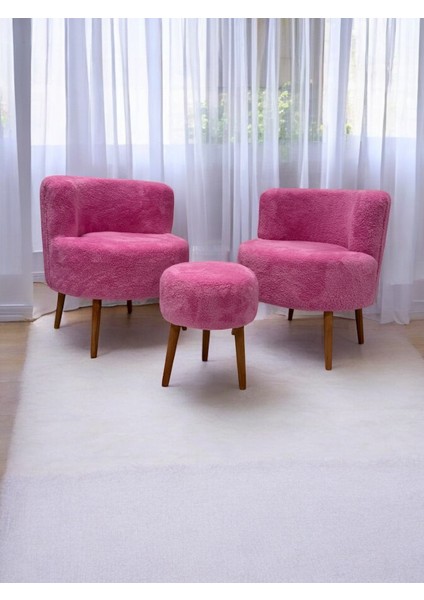 Pembe Teddy Kumaş Çay Seti Ikili Koltuk Berjer ve Puf Takımı (Salon, Balkon, Ofis) 3'lü Takım