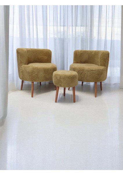 Cappuccino Teddy Kumaş Çay Seti Ikili Koltuk Berjer ve Puf Takımı (Salon, Balkon, Ofis) 3'lü Takım