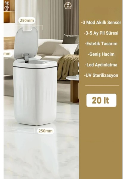 Sensörlü Çöp Kovası Mutfak Banyo Ofis 20L Uv Işık Antibakteriyel Koku Geçirmez Ergonomik Tasarımlı indirimleri