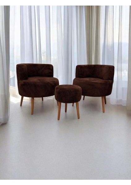 Kahverengi Teddy Kumaş Çay Seti İkili Koltuk Berjer ve Puf Takımı (Salon, Balkon, Ofis) 3'lü Takım