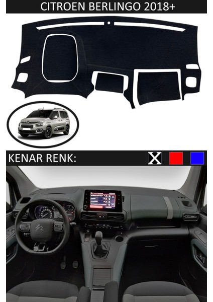 Citroen Berlingo 2018+ Modelleri Için Uygun Torpido Koruma Halısı Siyah Kenar Renk Siyah